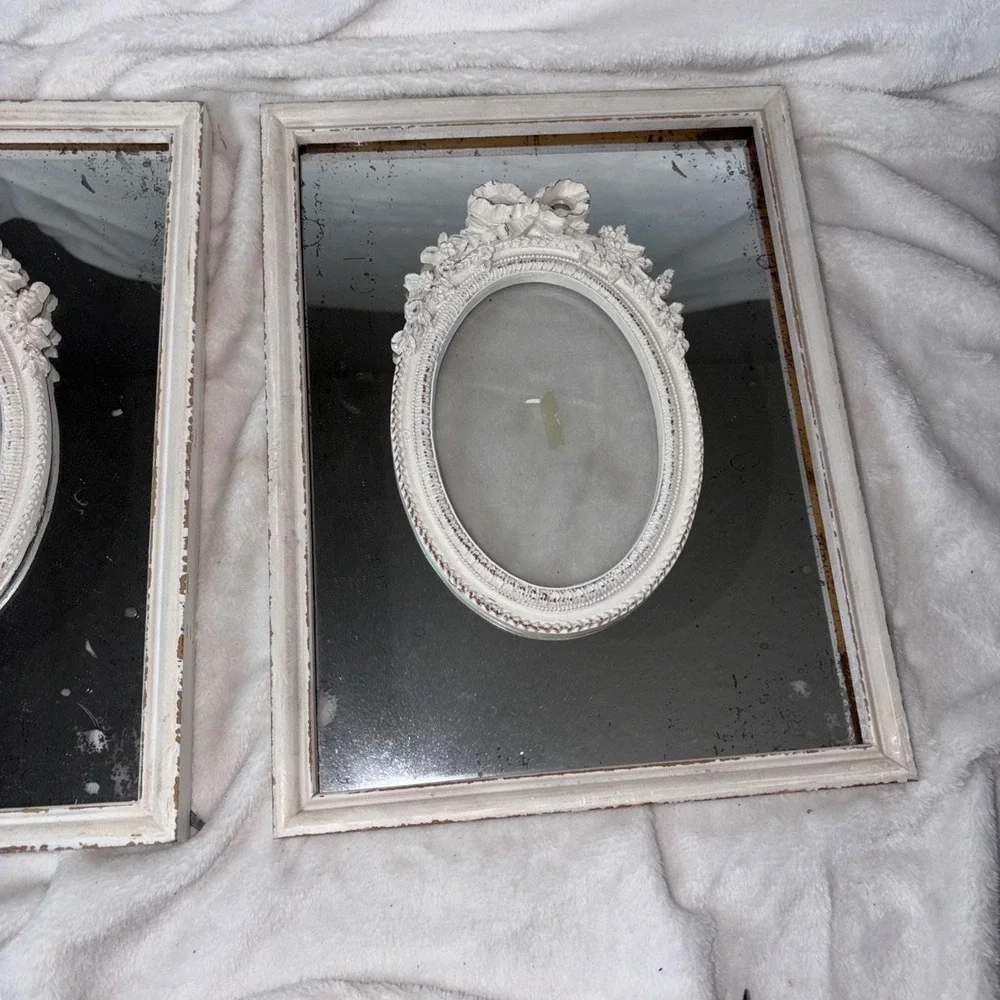 Vintage 70 Shabby Chic Mirror‎ Frame Pair French Country Oval Ribbon Aged Patina